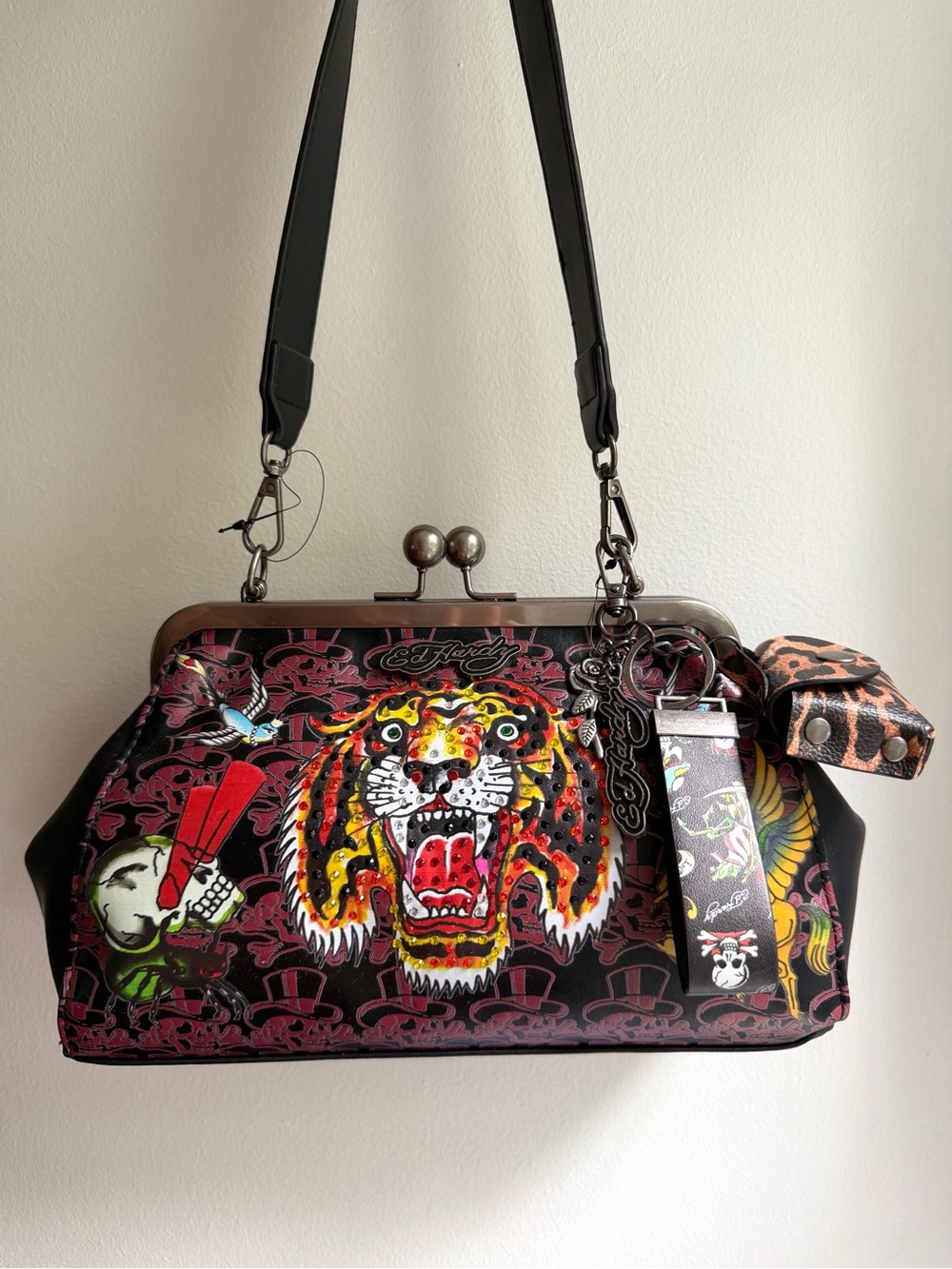 NWT Ed Hardy Rhinestone Tiger Kisslock Shoulder Bag & Keychain Pouch Set Y2K